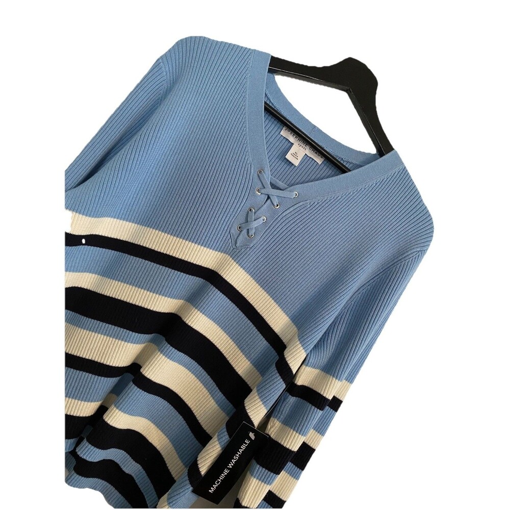 Josephine Chaus Women's V Neck Blue Striped Heavy Knit Tie Front XL Sweater C10